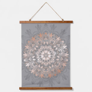 Rosa Gold Graue Florale Mandala Wandteppich Mit Holzrahmen