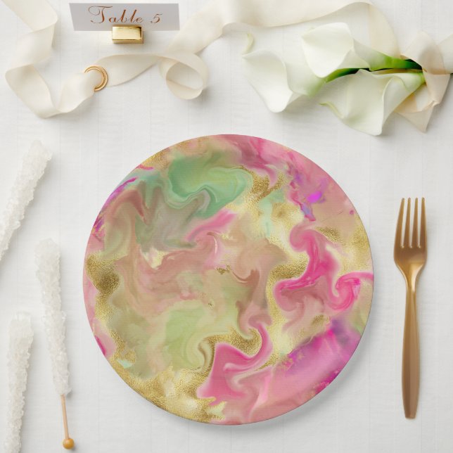 Rosa, Gold, grüne Farbtafel aus Marmor Pappteller (Hochzeit)