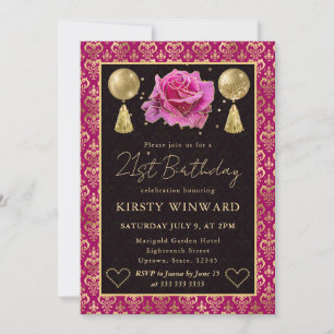 Rosa & Gold Herz Damast & Rose 21. Geburtstag Einladung