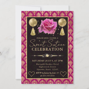 Rosa & Gold Herz Damast & Rose Sweet Sixteen Einladung