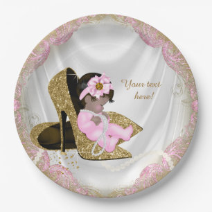 Rosa Gold High Heel Ethnische Mädchen-Baby-Party Pappteller