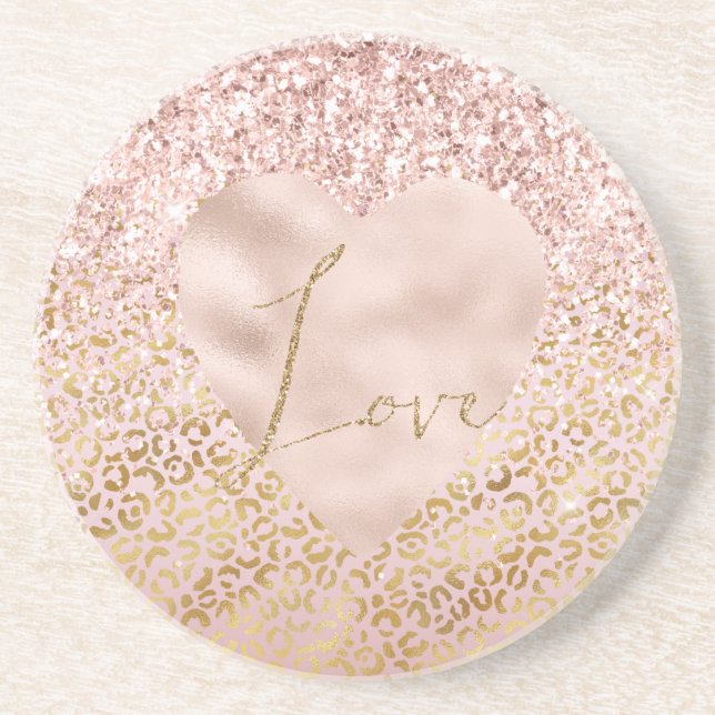Rosa Gold Leopard Print Liebe Blush Glitzer Getränkeuntersetzer (Vorne)