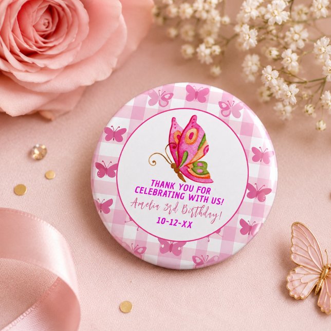 Rosa Gold lila Schmetterlingsfrau Geburtstag Button (Pink gold purple elegant butterfly girl birthday button)