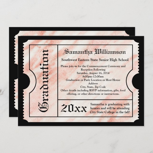 Rosa Gold Marmor Modernes Abschluss Ticket Einladung (Vorne/Hinten)