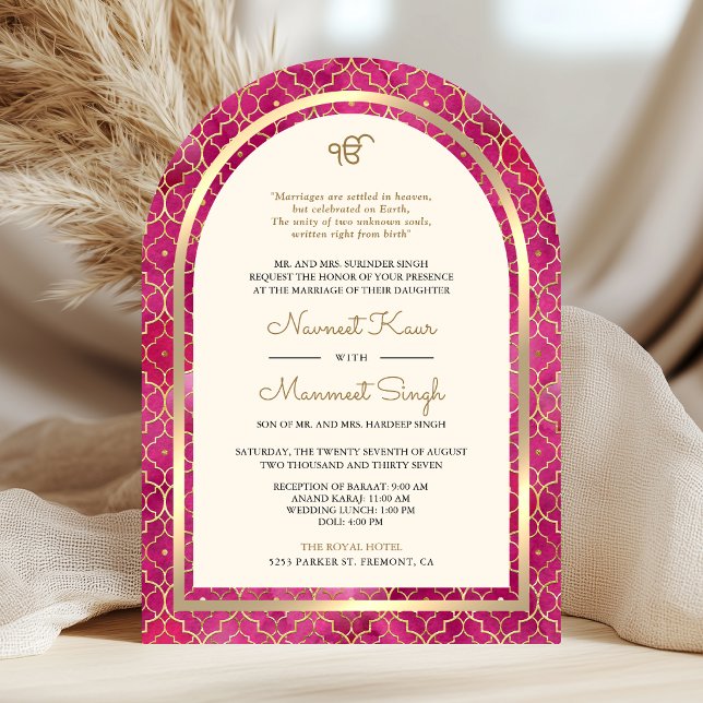 Rosa Gold marokkanische QR Code Sikh Arch Wedding Einladung (Von Creator hochgeladen)