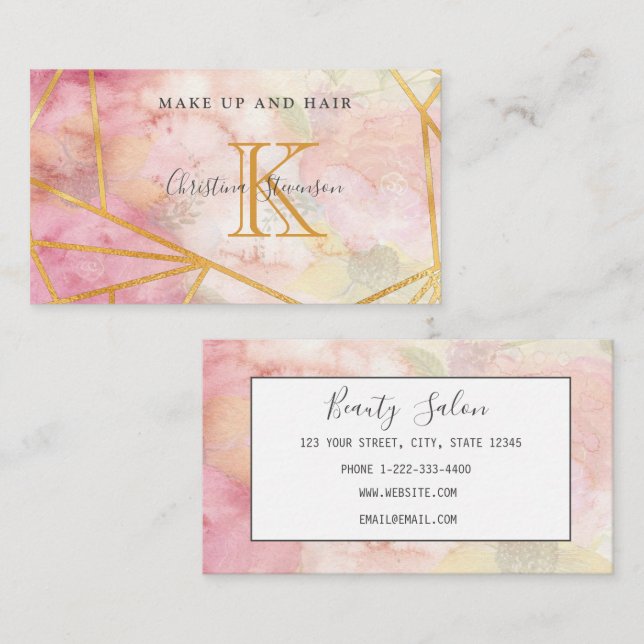 Rosa Gold Monogram Floral Makeup Artist Friseur Sa Visitenkarte (Vorne/Hinten)