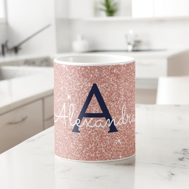 Rosa-Gold-Navy-Blauer-Sparkeil-Glitzer Monogram Kaffeetasse (Von Creator hochgeladen)