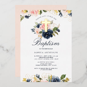 Rosa Gold Navy Florales Taufkleid Folieneinladung