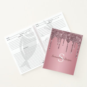 Rosa Gold Pink Glitter Tropfen Monogramm Rezept Notizbuch