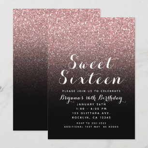 Rosa Gold Pink Glitter und Schwarz Sweet 16 Party Einladung