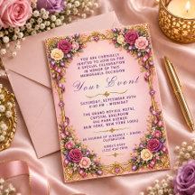 Rosa Gold Purpur Blumen Einladung