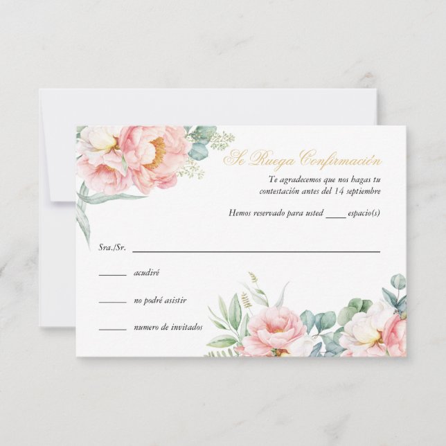Rosa Gold Quinceañera RSVP Card auf Spanisch Einladung (Vorderseite)