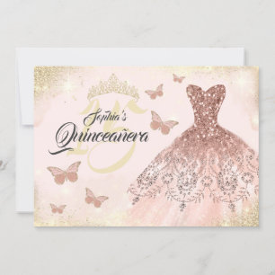 Rosa Gold Quinceanera Schmetterlingskleid  Einladung