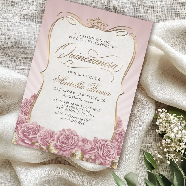 Rosa Gold Quinceñera Einladung (Von Creator hochgeladen)