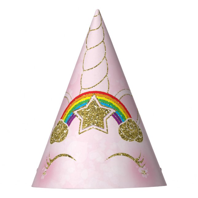 Rosa & Gold Rainbow Star Horn Face Partyhütchen (Vorderseite)