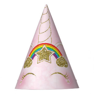 Rosa & Gold Regenbogen Stern Einhorn Horn Gesicht Partyhütchen