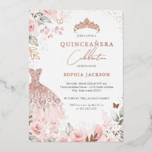 Rosa Gold Rosa Kleid Floral Quinceanera Folieneinladung