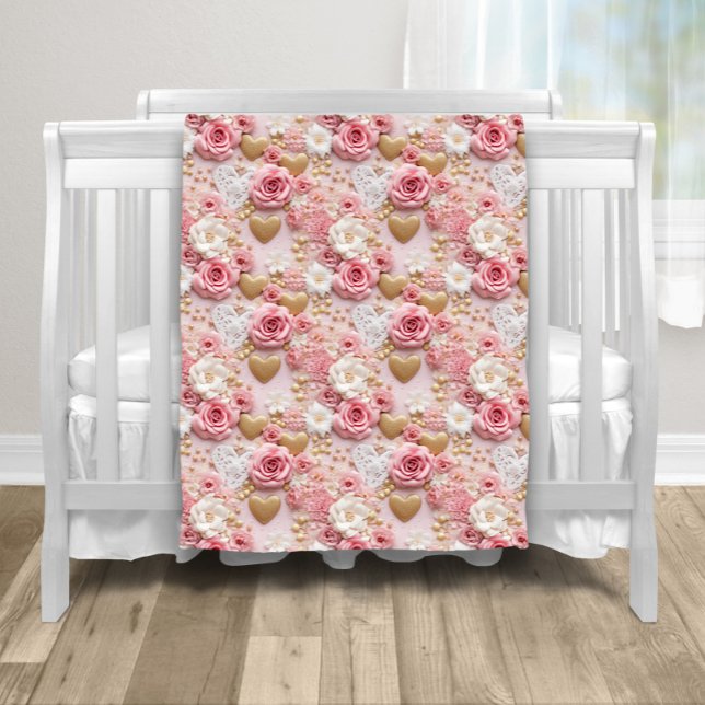 Rosa Gold Rose Herz Fleecedecke (Sweet pink roses and gold heart baby blanket.)