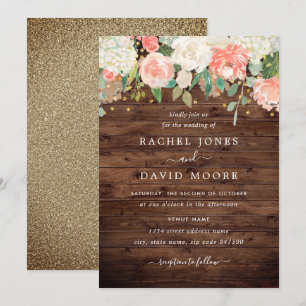 Rosa Gold Rustikale Holz Blumen Hochzeitseinladung Einladung