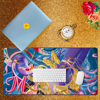 Rosa Gold Schmetterling Swirl Monogramm Flüssig Ab Schreibtischunterlage