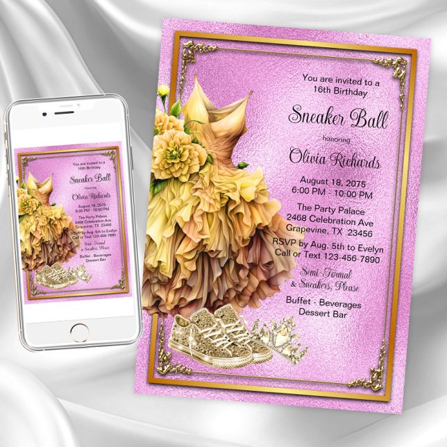 Rosa Gold Sneaker Ball Einladung (Pink gold sneaker ball invitations. Instant downloads and printed invitations are available.)