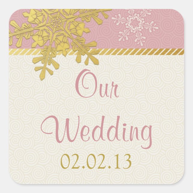 Rosa Gold Snowflake Winter Wedding Stickers (Vorderseite)