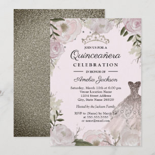 Rosa Gold Sparkenkleid Floral Quinceanera Einladung