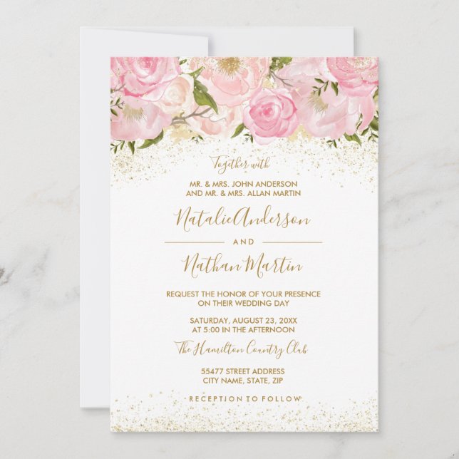 Rosa-Gold-Sparkle-Rose Einladung zur Hochzeit (Vorderseite)