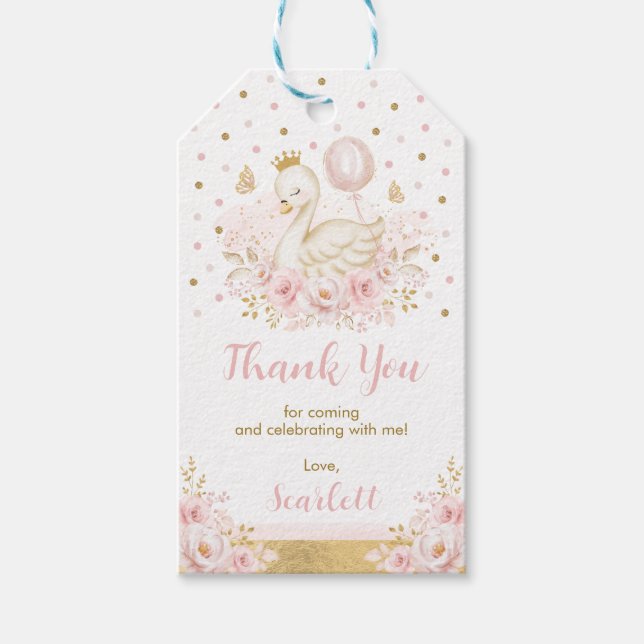 Rosa & Gold Swan Prinzessin mit Balloon zum Geburt Geschenkanhänger (Vorderseite)