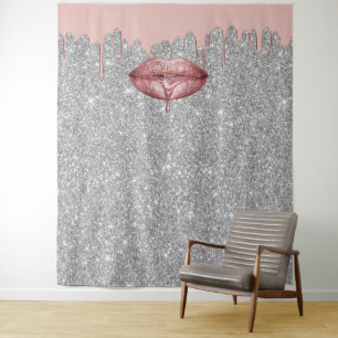 Rosa Gold tropfende Lippen Silber Glitter Hintergr Wandteppich