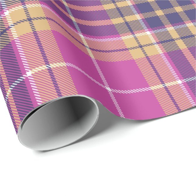 Rosa, Gold und Blauer Tartan Geschenkpapier (Rolleneckpunkt)