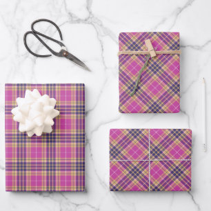 Rosa, Gold und Blauer Tartan Geschenkpapier Set