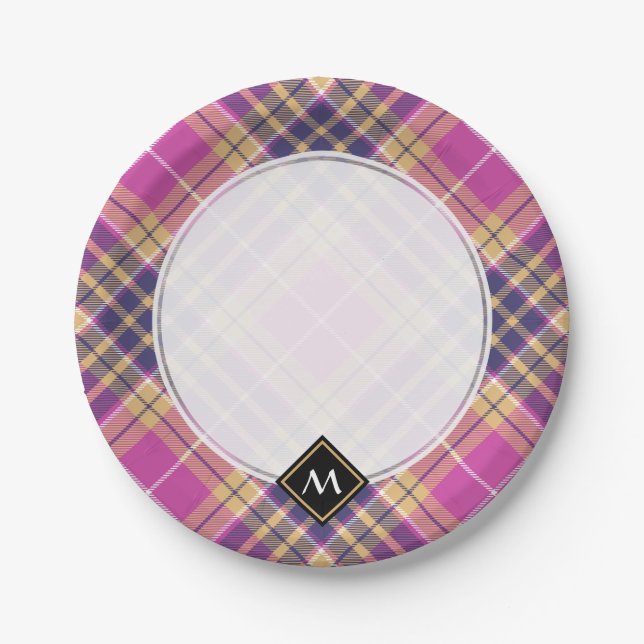 Rosa, Gold und Blauer Tartan Pappteller (Vorderseite)
