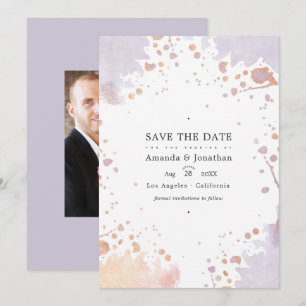 Rosa Gold- und Pastell-Lila-Farbspritzer-Hochzeit Save The Date