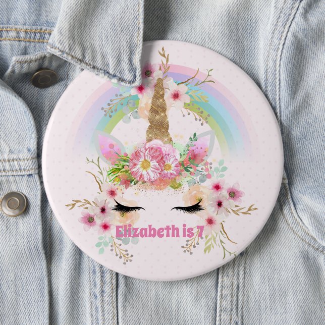 Rosa Gold UNICORN Regenbogen Blume Girls NAMED Ges Button (Beispiel)