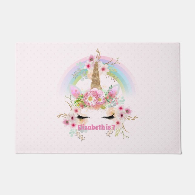 Rosa Gold UNICORN Regenbogen Blume Girls NAMED Ges Fußmatte (Vorderseite)