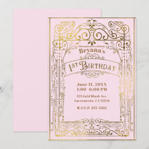 Rosa Gold Vintage-Victorian-zum 1. Geburtstag Einladung