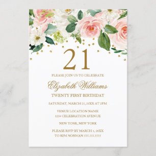 Rosa Gold Wasserfarbe Floral 21. Geburtstag Einladung