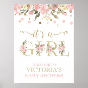 Rosa Gold Wasserfarbe Florales Babyshower-Schild Poster