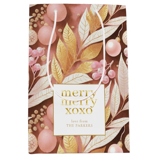 Rosa Gold Weihnachten Merry Pattern#22 ID1009 Mittlere Geschenktüte (Vorderseite)