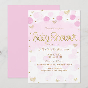 Rosa Gold Weiße Punkte und Herzen Baby Shower Einladung
