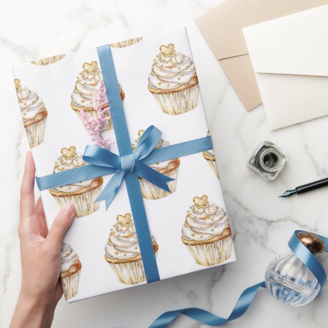 Rosa Gold Weißes Creme Herz Cupcake Geburtstag Geschenkpapier (Schenken)