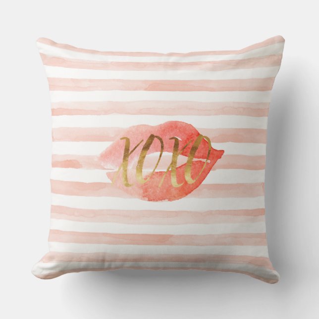 Rosa Gold XOXO Watercolor Kiss Kissen (Vorderseite)