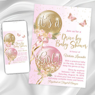 Rosa Goldballons Schmetterlingsantrieb mit Babydus Einladung
