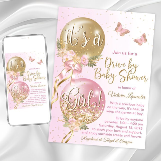Rosa Goldballons Schmetterlingsantrieb mit Babydus Einladung (Cute pink gold drive by shower  invitation. Instant download and printed invitations available.)