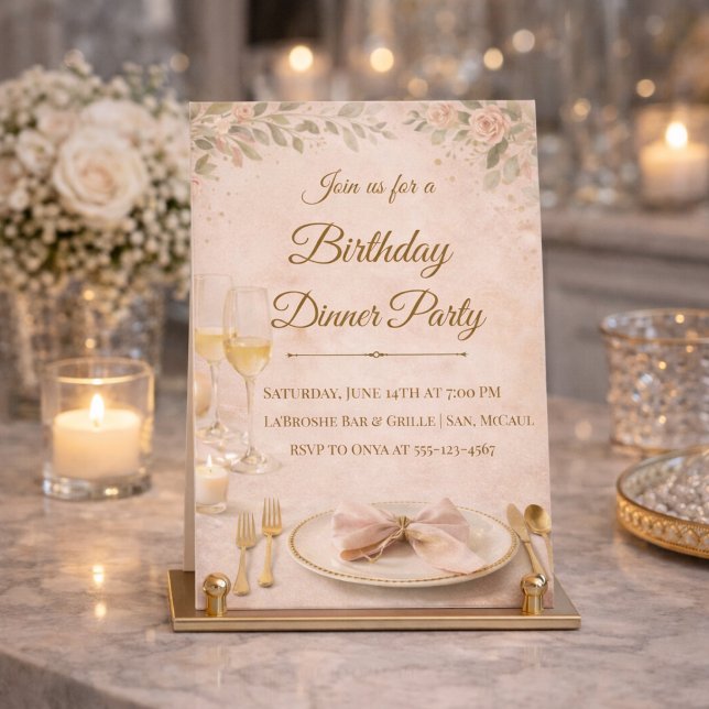 Rosa Goldene Abendparty-Einladung Einladung (Blush florals and gold detail set the tone for a refined birthday dinner gathering)
