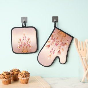 Rosa goldene Blätter Blumenofen Mitt & Töpfchen Ofenhandschuh & Topflappen-Set