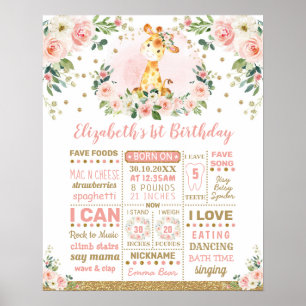 Rosa Goldene Blumen-Giraffe 1. Geburtstags-Meilens Poster