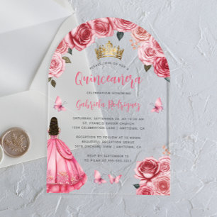 Rosa Goldene Blumenrosen Aquarell Quinceañera Acryleinladungen