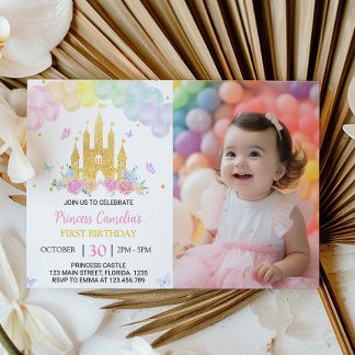 Rosa Goldene Burg Prinzessin 1. Geburtstag Einladu Einladung